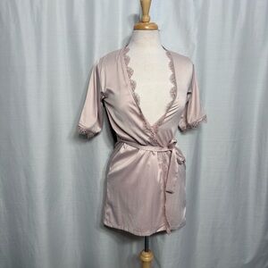 Le Rose Champagne Satin Lace Trim Short Bridal Robe Size Small